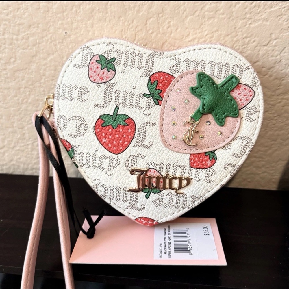 Juicy Couture Cream and Pink Strawberry Heart Wristlet